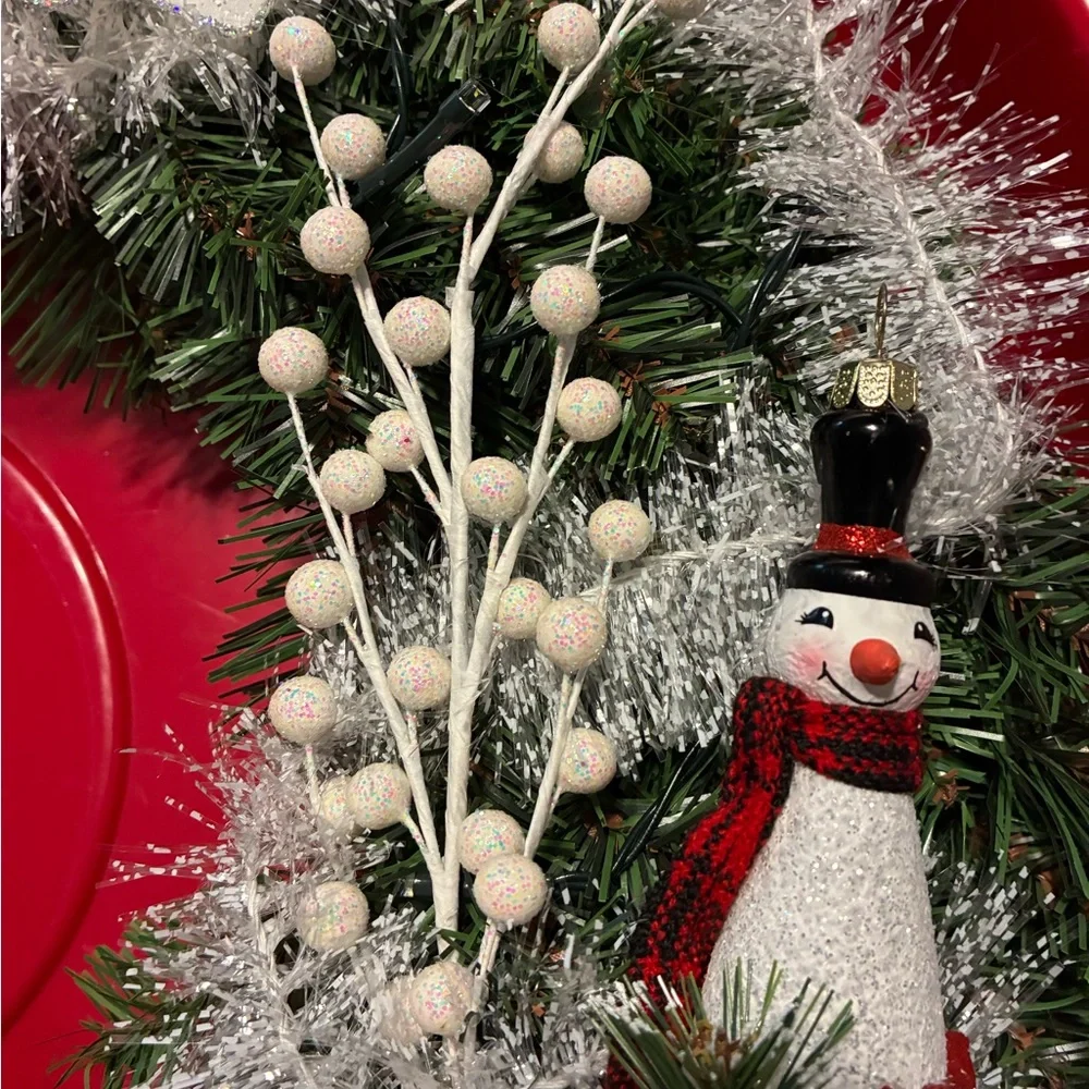 Hand Crafted Holiday Lit Wreath with Snowman and White Accents